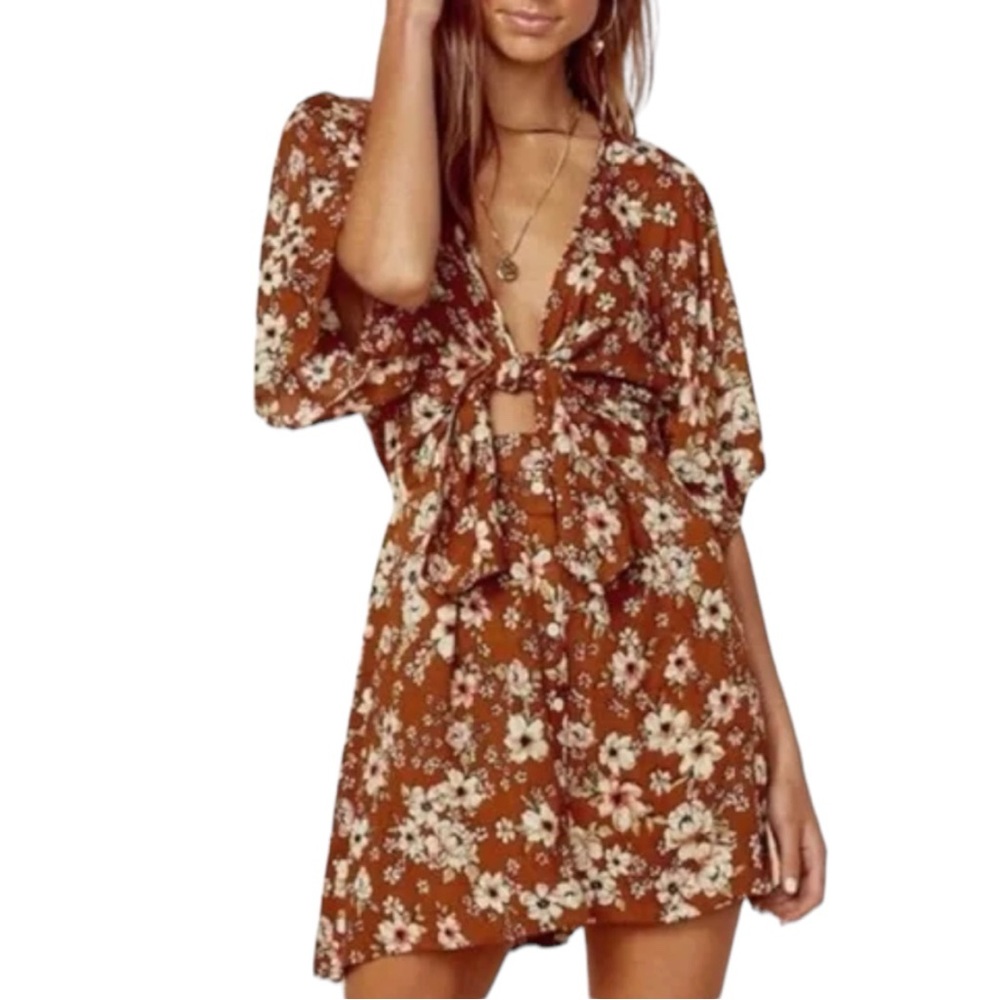 Faithfull the Brand Floral Mini Dress in Brown and Cream